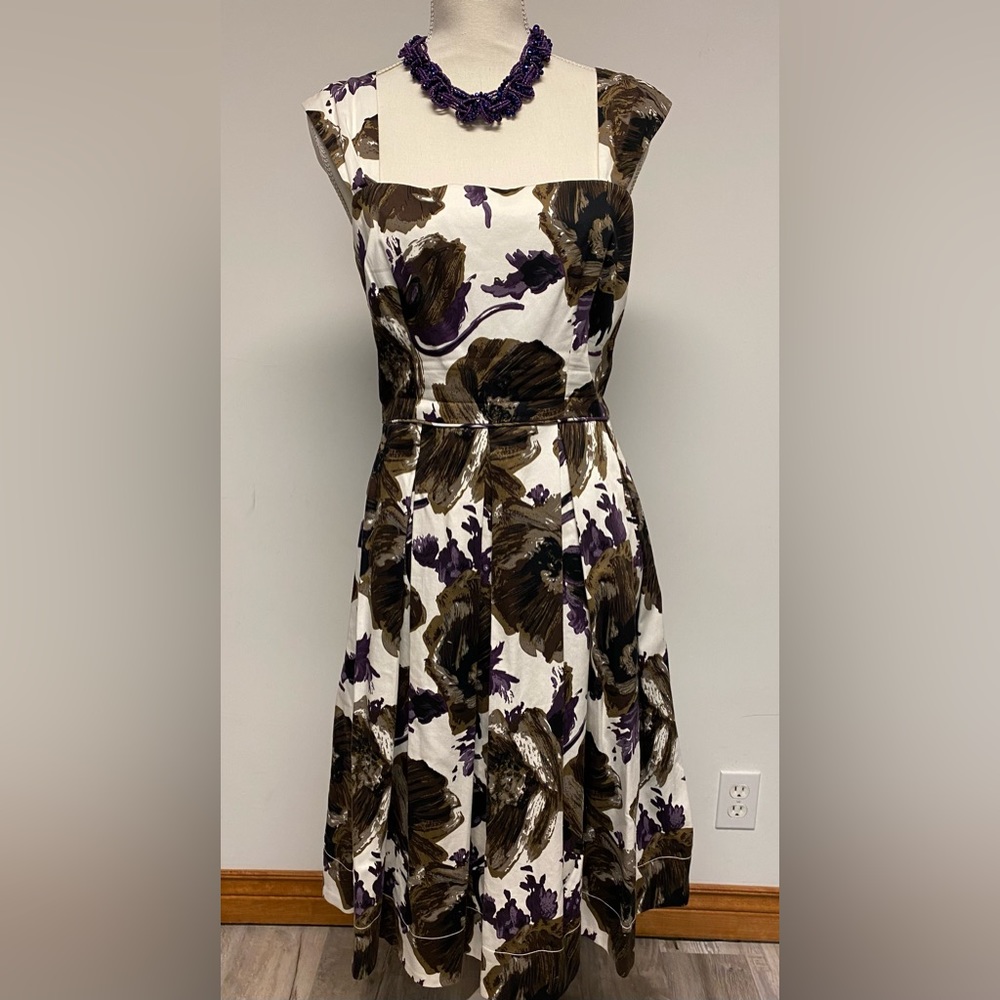 Maggy London Cream Fit-and-Flare Dress with Brown and Purple Floral Print